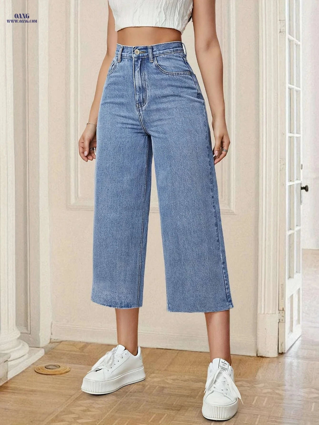 Women's High-Waist Denim Capri Pants - Light Blue Casual Wide-Leg   OAXG 
