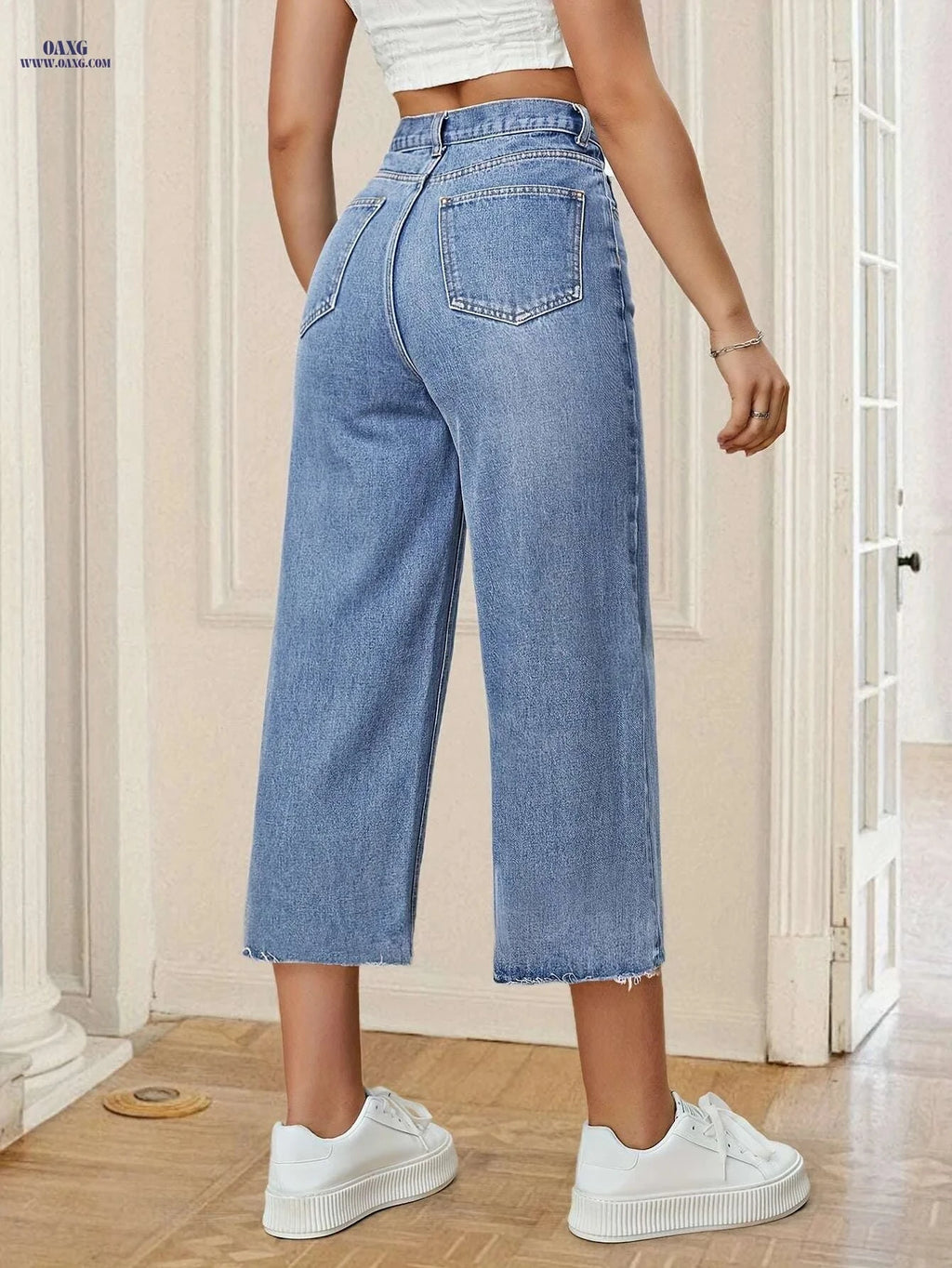 Women's High-Waist Denim Capri Pants - Light Blue Casual Wide-Leg   OAXG 