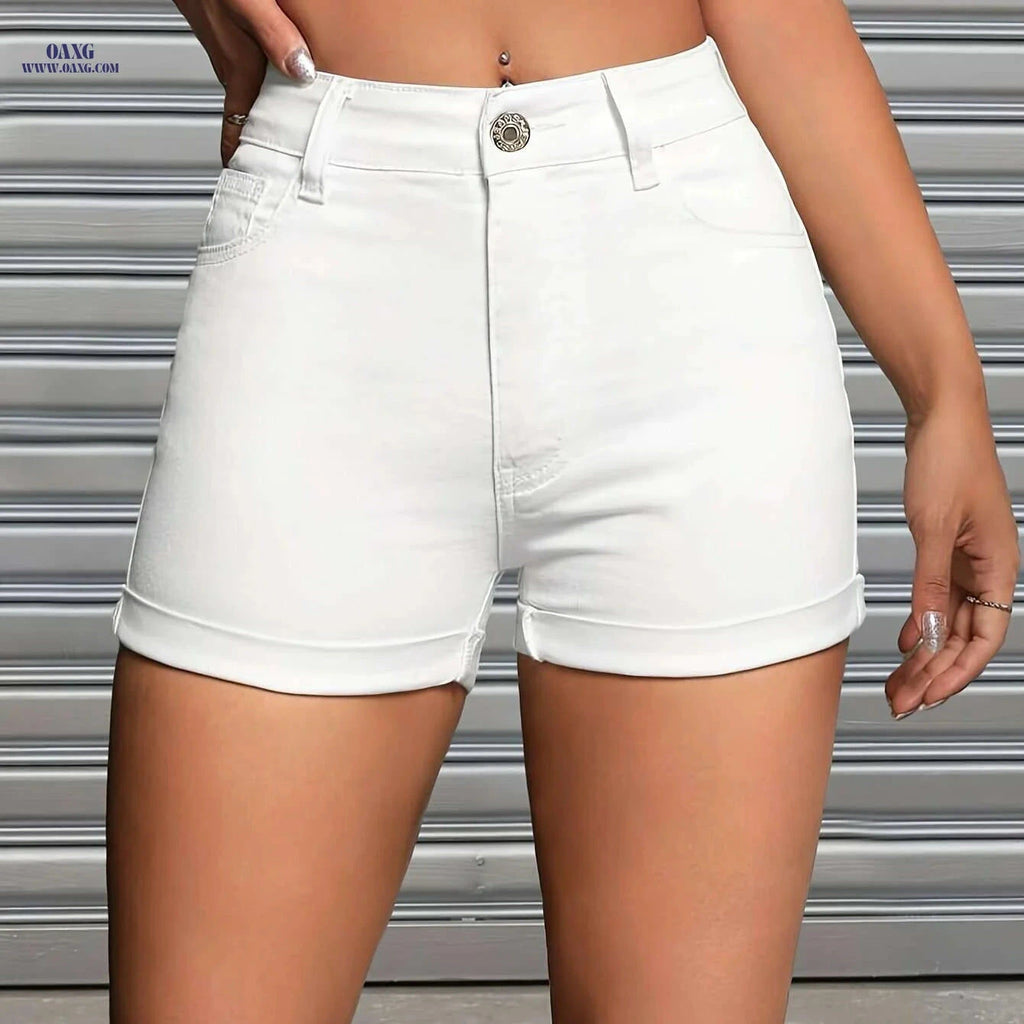 Women's High-Waist Denim Shorts - Slim Fit Light Wash, Button Fly   OAXG 