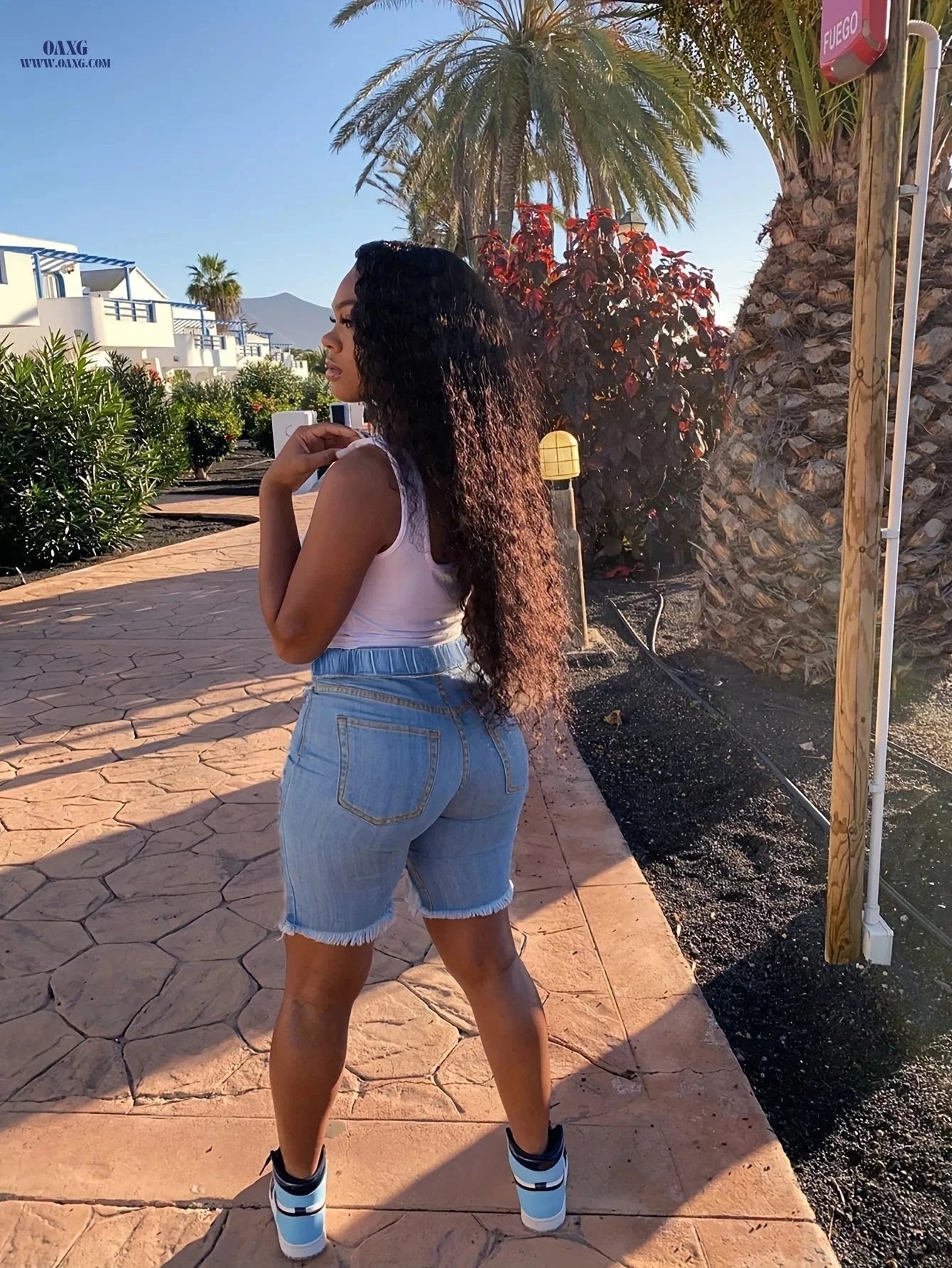 Women's High Waist Denim Shorts - Stretch Fabric, Drawstring Waist   OAXG 