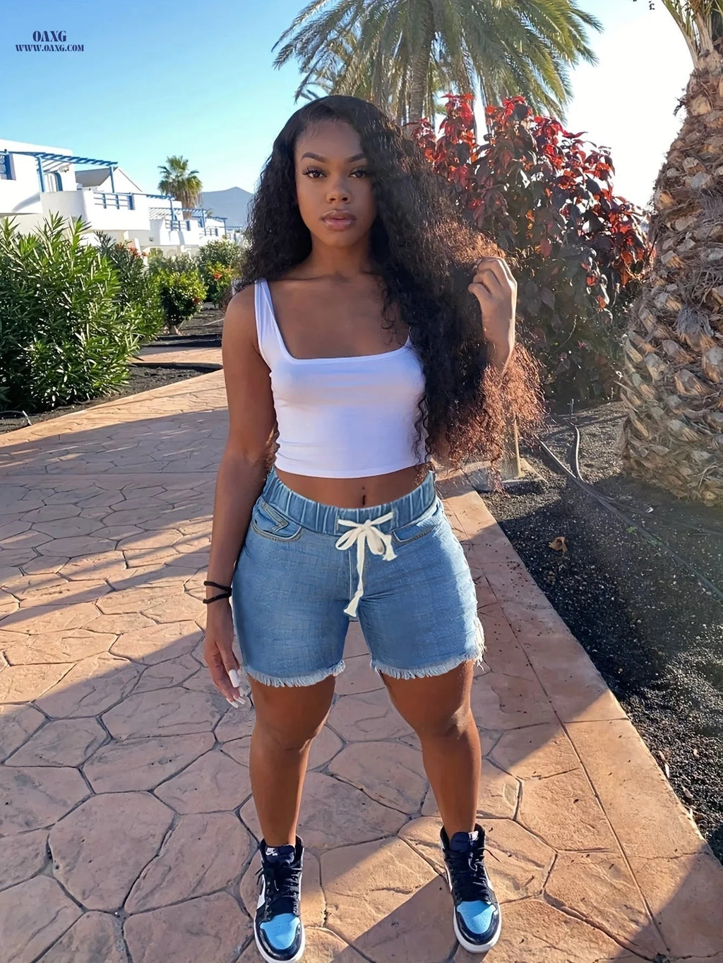 Women's High Waist Denim Shorts - Stretch Fabric, Drawstring Waist   OAXG 