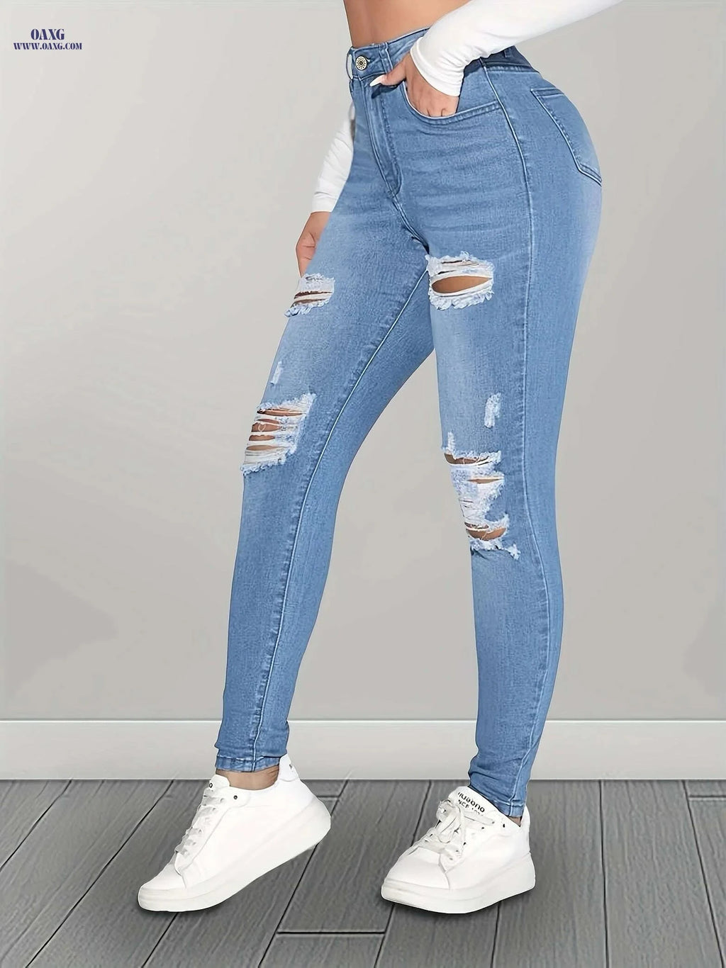 Women's High-Waist Distressed Skinny Jeans - All-Season Style, Button Fly   OAXG 