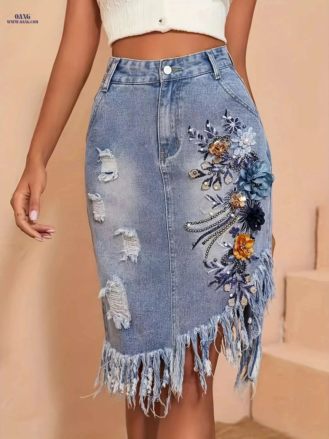 Women's High-Waist Embroidered Denim Skirt - Distressed Floral Design   OAXG Light Blue / S