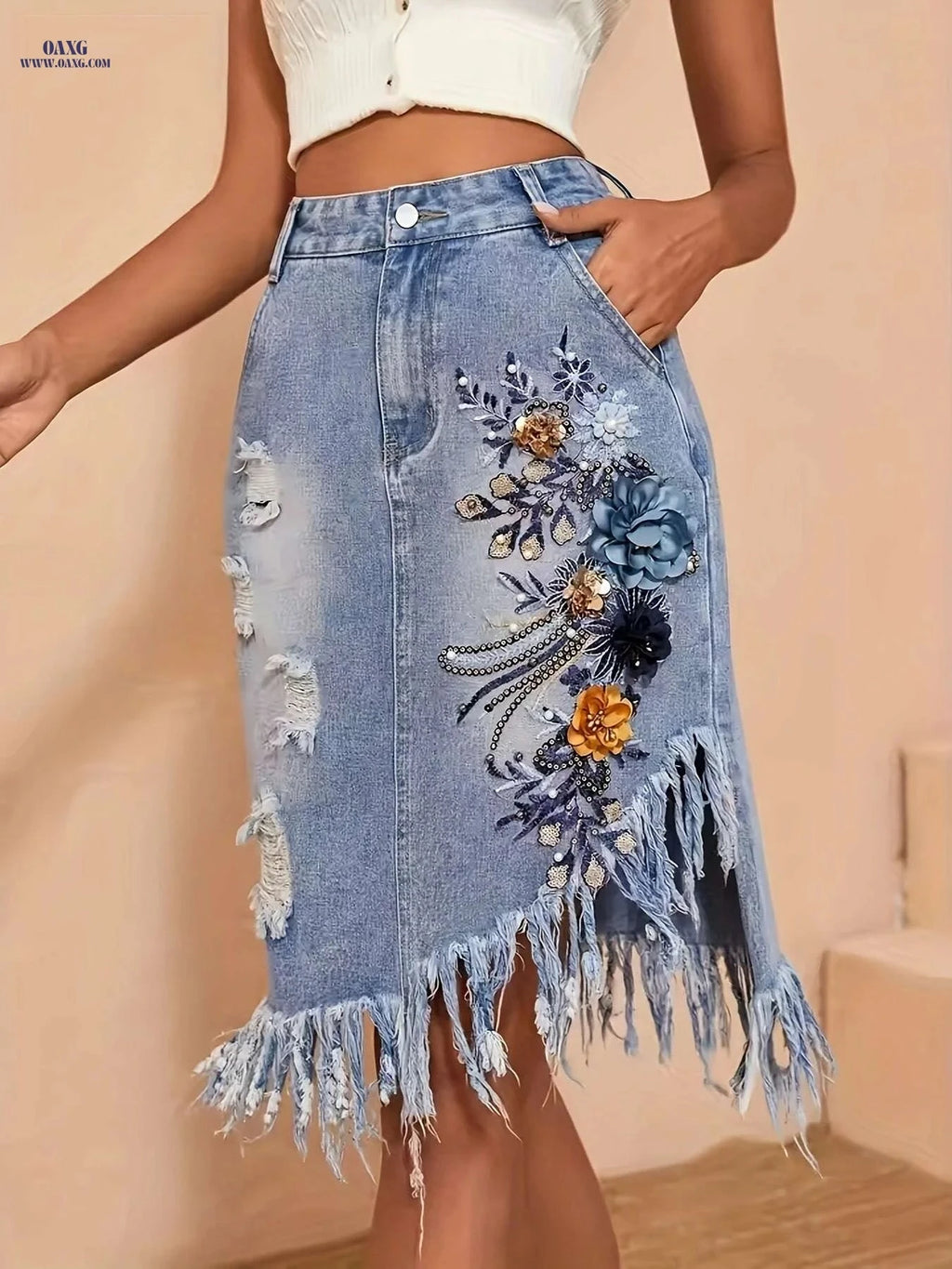Women's High-Waist Embroidered Denim Skirt - Distressed Floral Design   OAXG Light Blue / S
