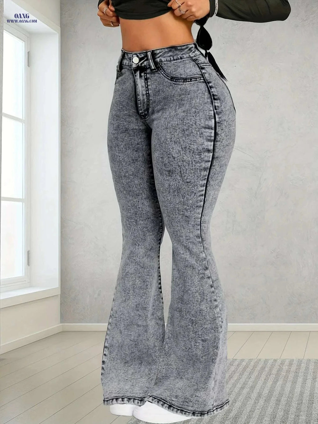 Women's High-Waist Flare Jeans - Non-See-Through Stretch Denim   OAXG 