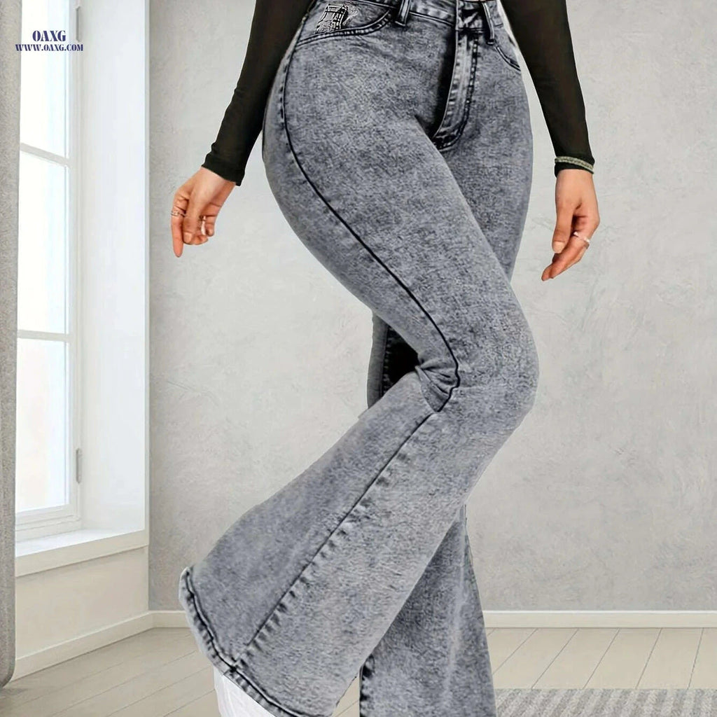 Women's High-Waist Flare Jeans - Non-See-Through Stretch Denim   OAXG Grey / XS