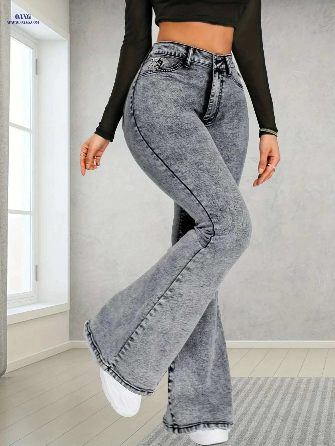 Women's High-Waist Flare Jeans - Non-See-Through Stretch Denim   OAXG Grey / XS