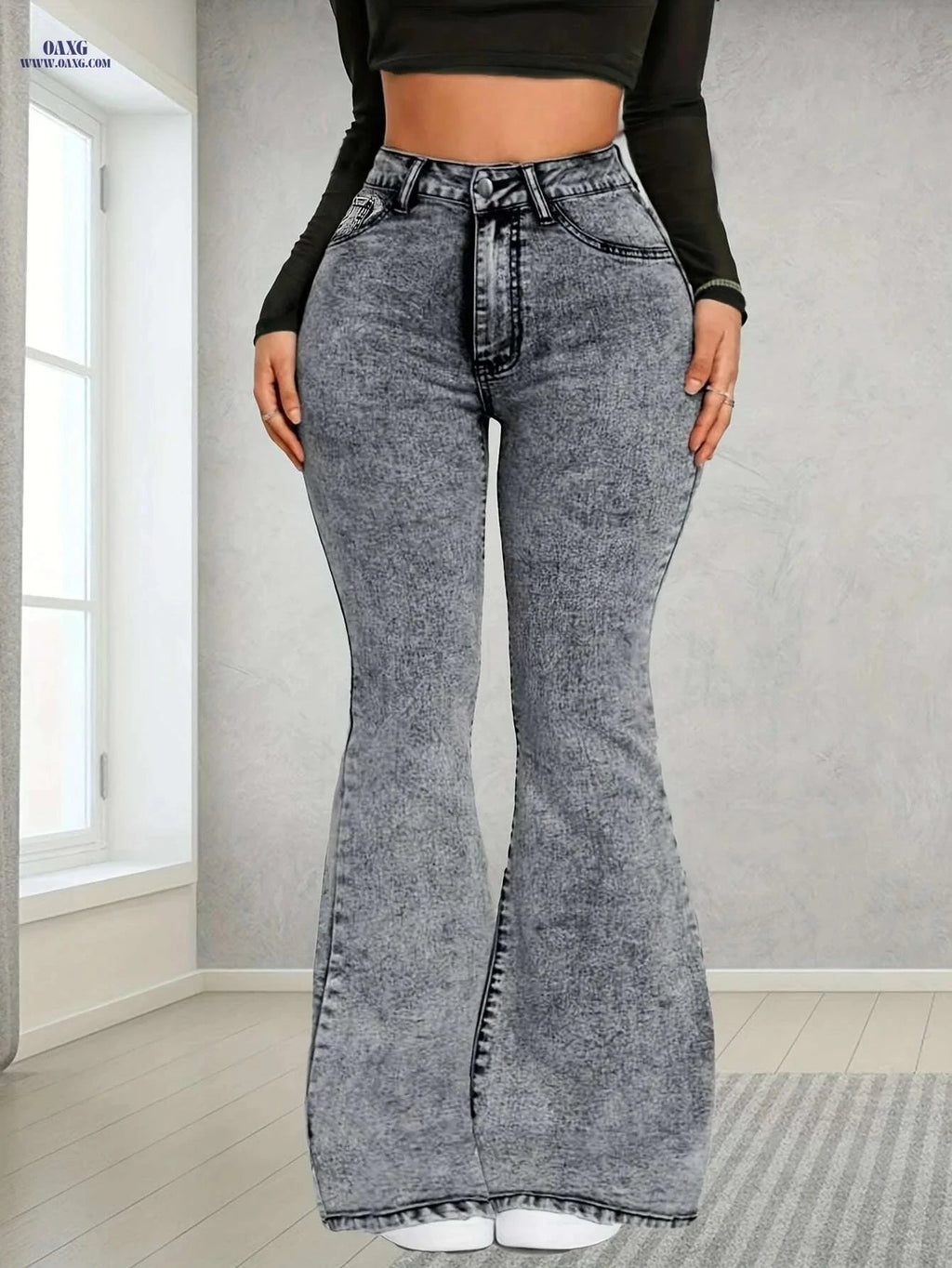 Women's High-Waist Flare Jeans - Non-See-Through Stretch Denim   OAXG Grey / XS