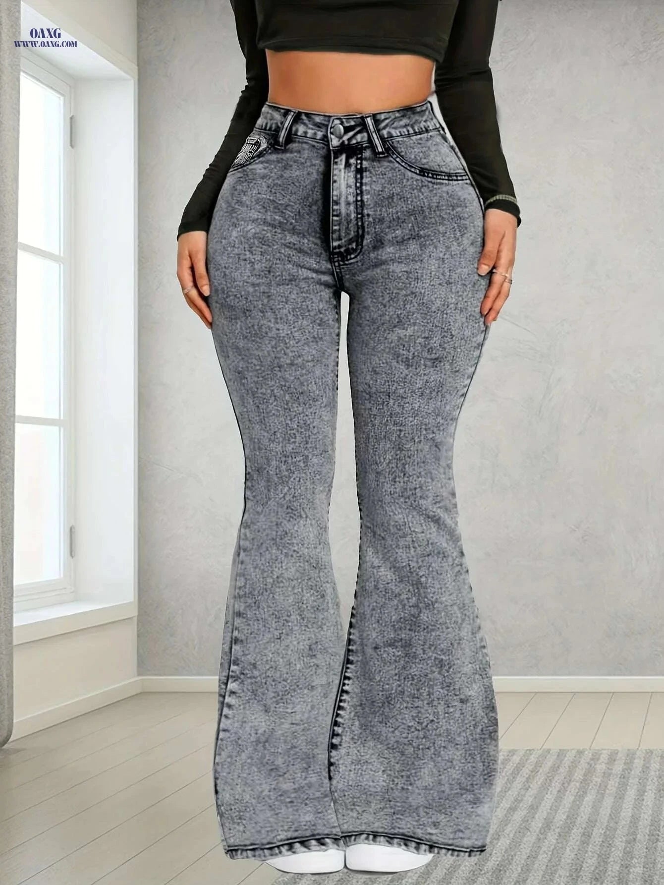 Women's High-Waist Flare Jeans - Non-See-Through Stretch Denim   OAXG Grey / XS