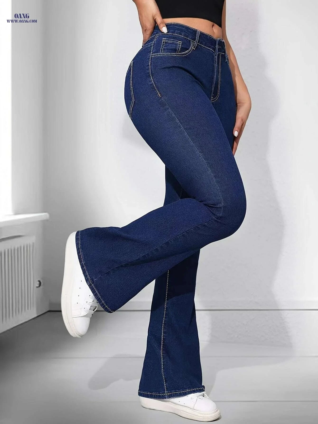 Women's High Waist Flare Jeans - Preppy Style, Long Length Denim   OAXG 