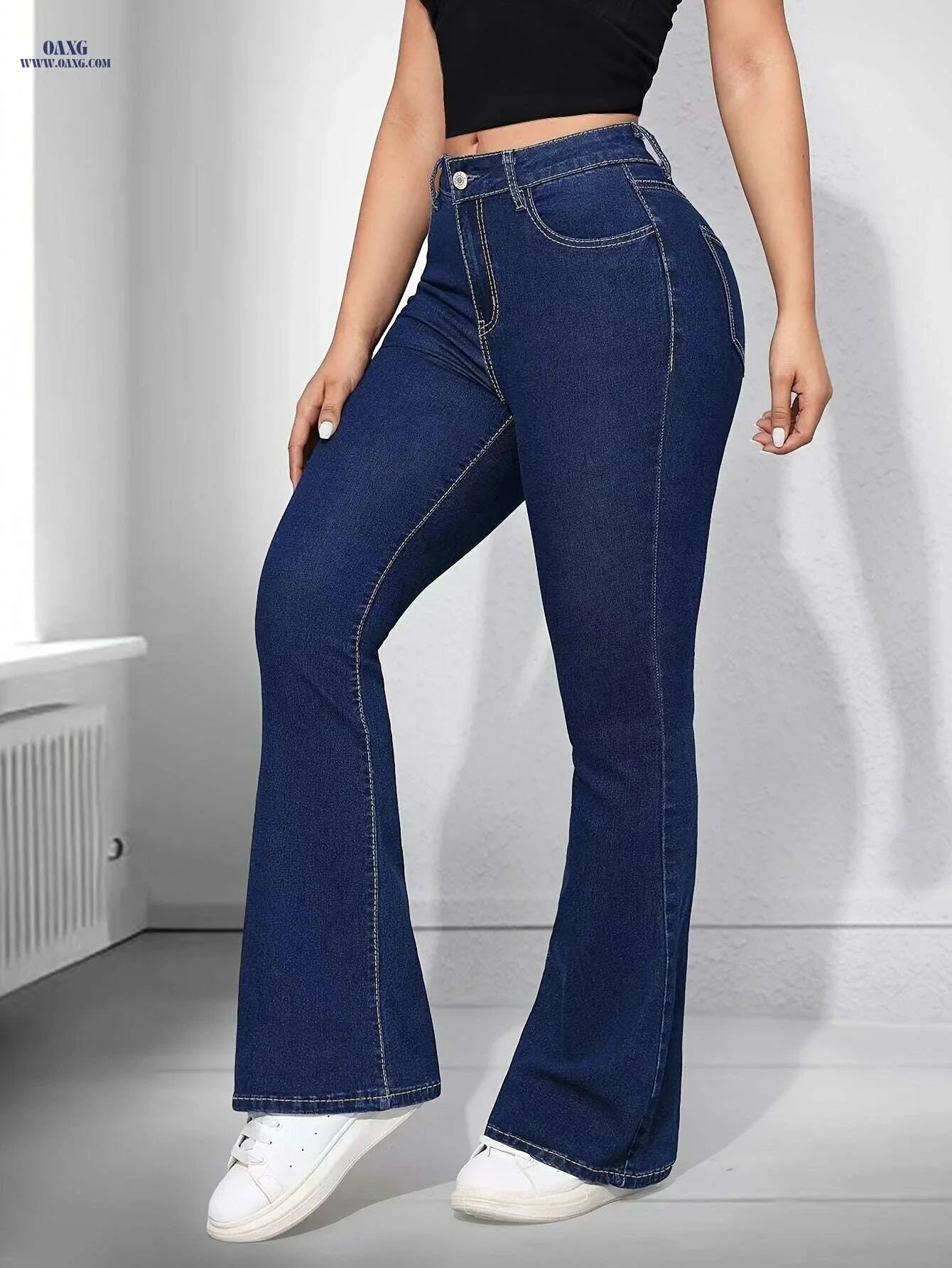 Women's High Waist Flare Jeans - Preppy Style, Long Length Denim   OAXG Blue / XS