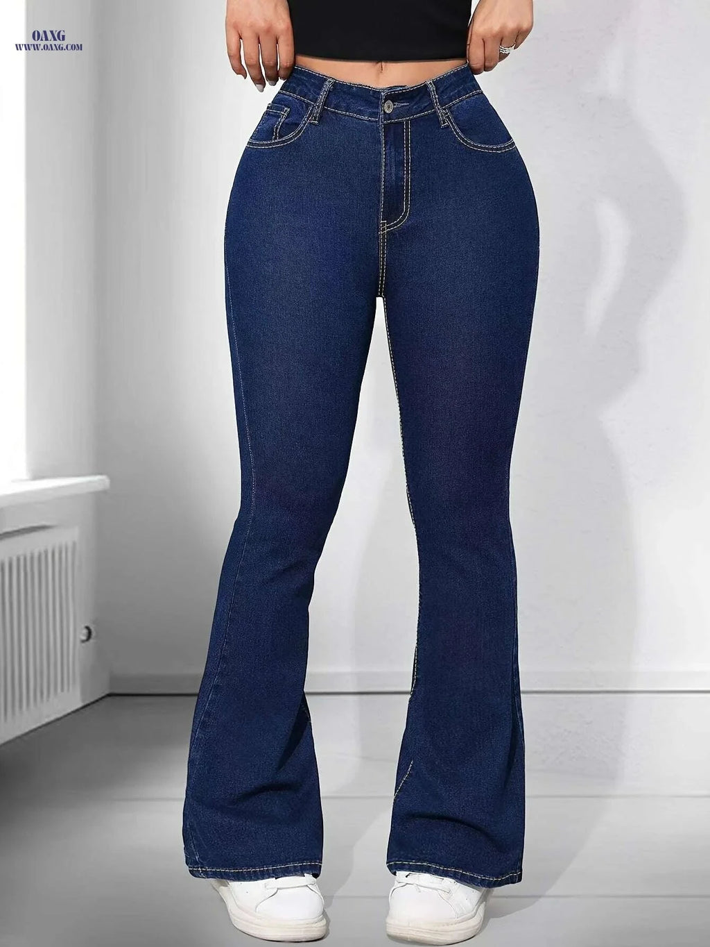 Women's High Waist Flare Jeans - Preppy Style, Long Length Denim   OAXG Blue / XS