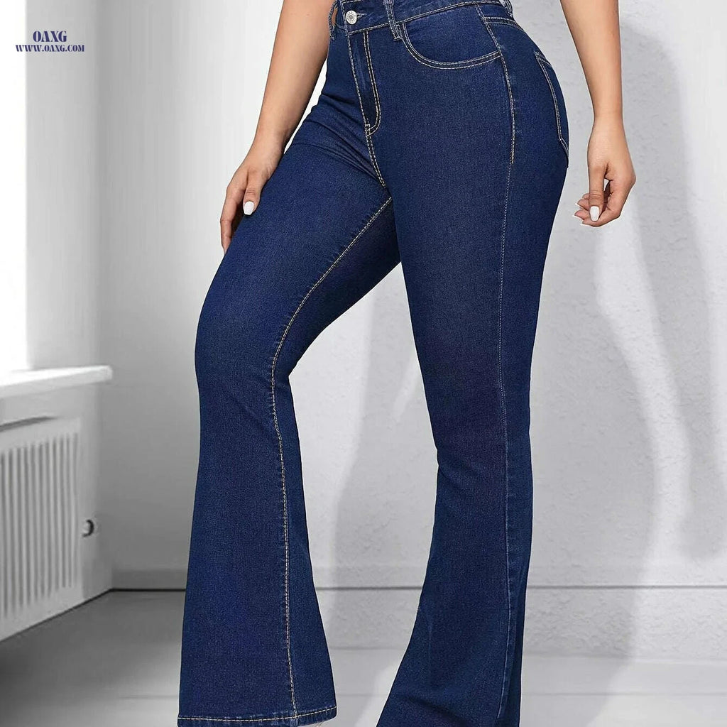 Women's High Waist Flare Jeans - Preppy Style, Long Length Denim   OAXG Blue / XS