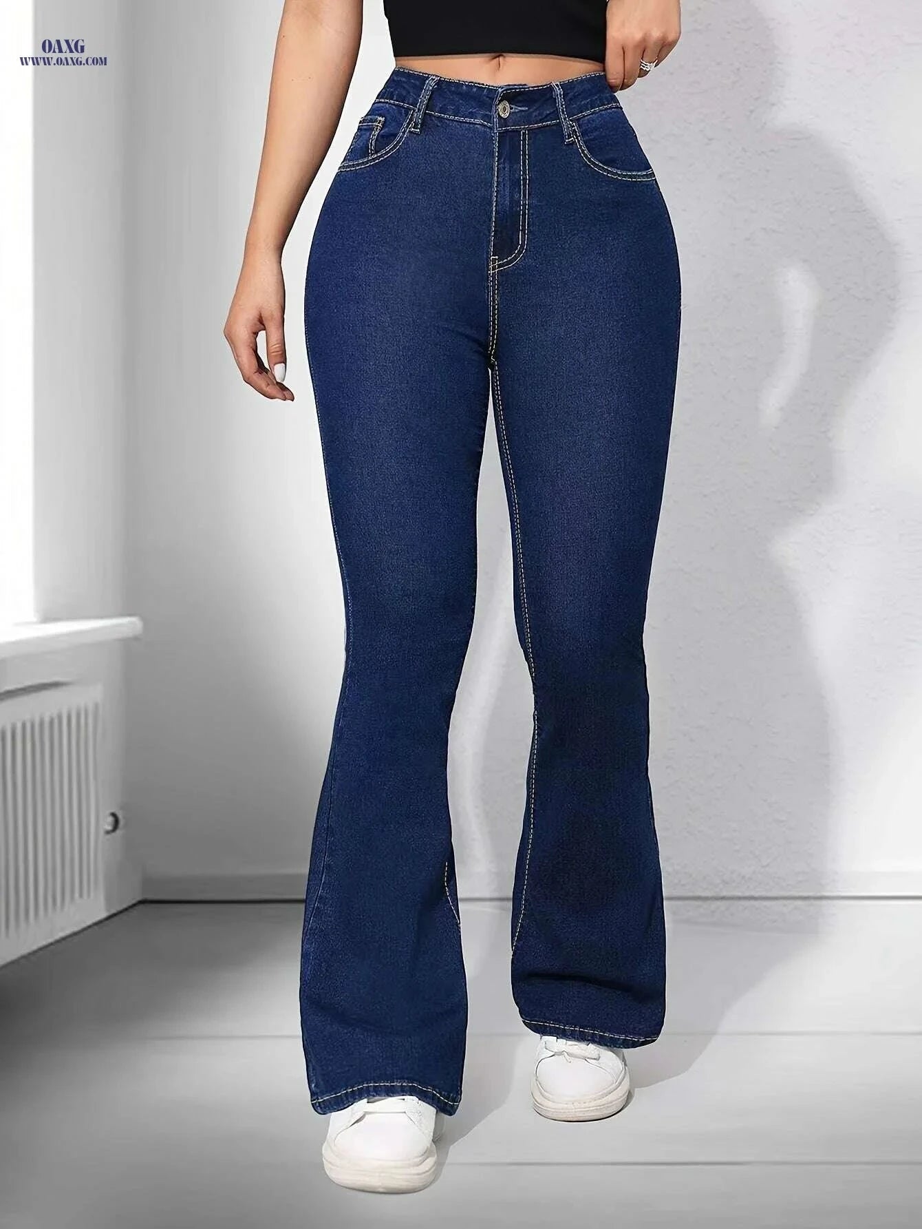 Women's High Waist Flare Jeans - Preppy Style, Long Length Denim   OAXG 