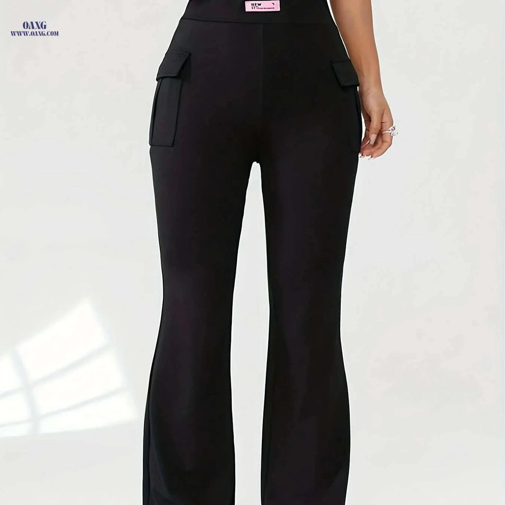 Women's High Waist Flare Leg Pants - Casual Solid Color with Pockets   OAXG 