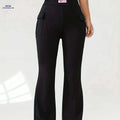 Women's High Waist Flare Leg Pants - Casual Solid Color with Pockets   OAXG 