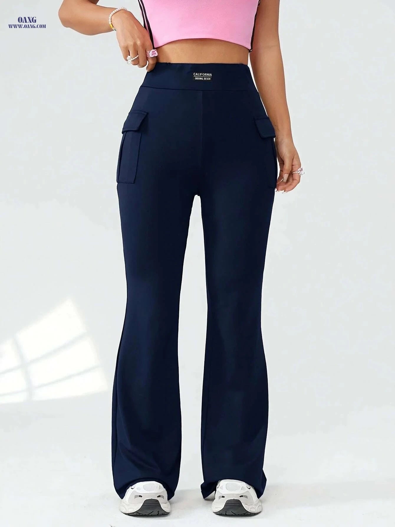 Women's High Waist Flare Leg Pants - Casual Solid Color with Pockets   OAXG Black / XS