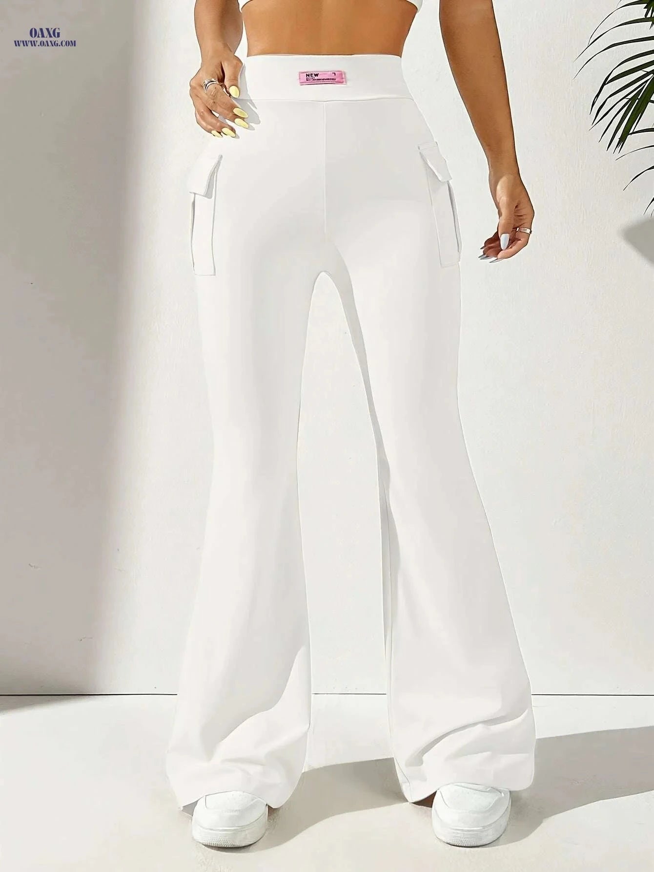 Women's High Waist Flare Leg Pants - Casual Solid Color with Pockets   OAXG Black / XS