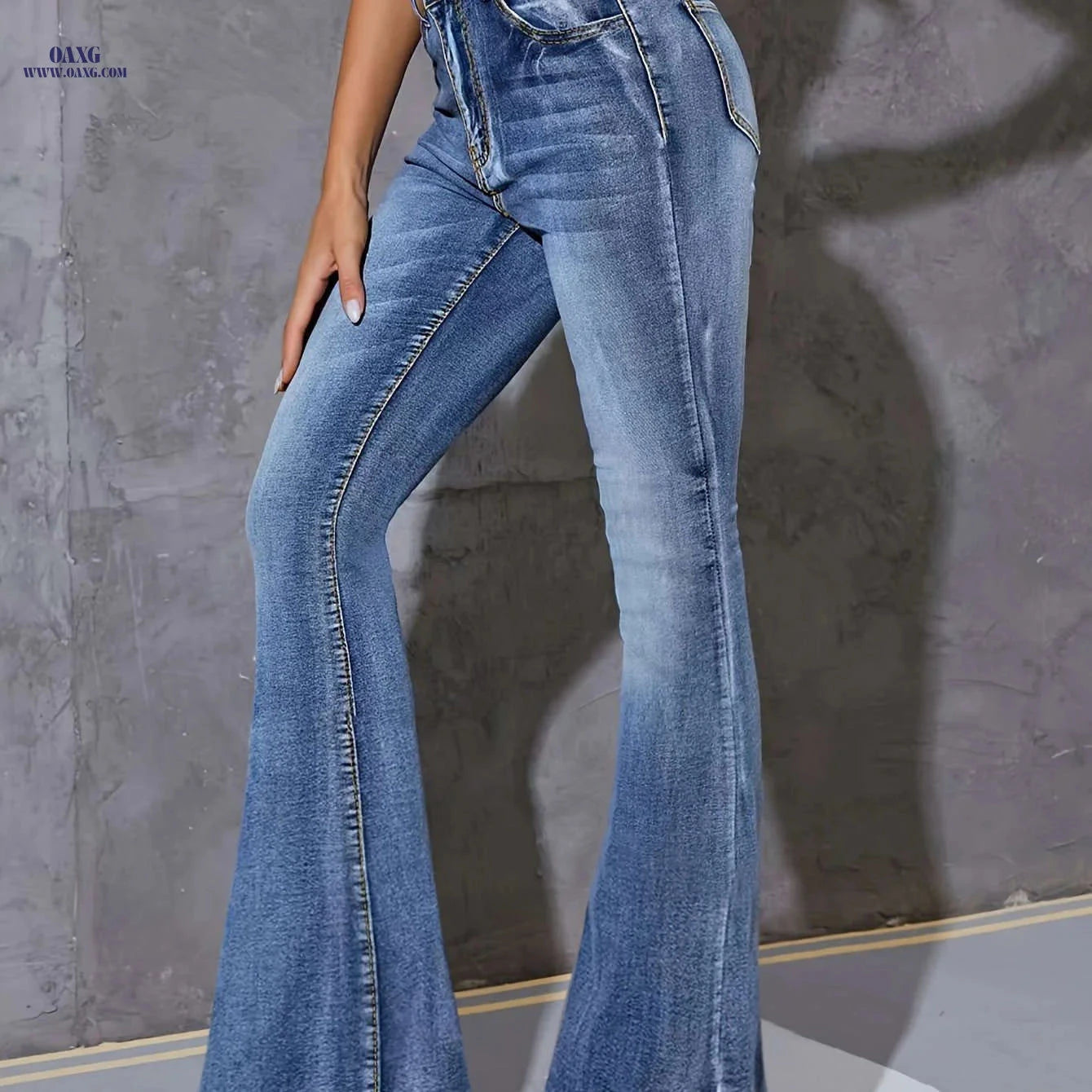 Women’s High Waist Flared Jeans - All-Over Washed Skinny Fit   OAXG 