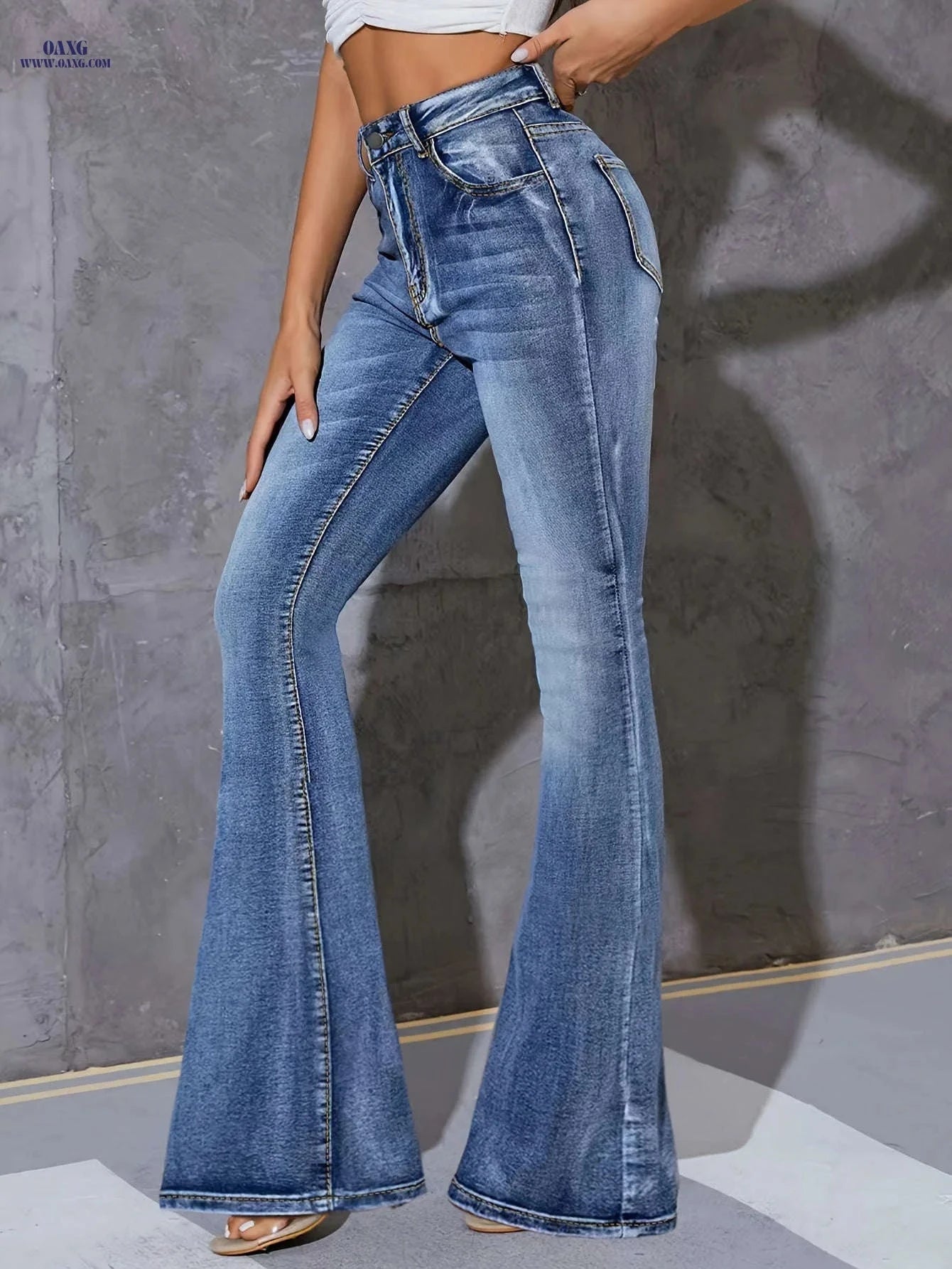 Women’s High Waist Flared Jeans - All-Over Washed Skinny Fit   OAXG Blue / XS
