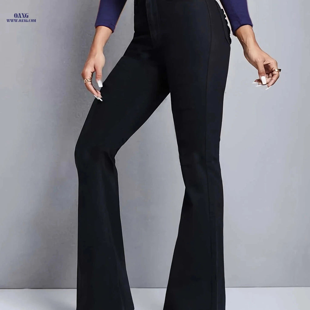 Women's High Waist Flared Jeans - Blue Slim Fit, All-Season Style   OAXG Black / XS