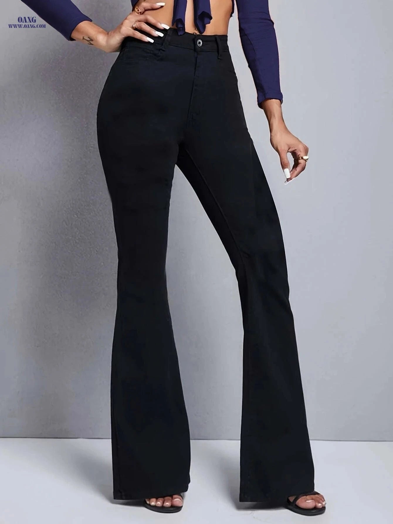 Women's High Waist Flared Jeans - Blue Slim Fit, All-Season Style   OAXG Black / XS