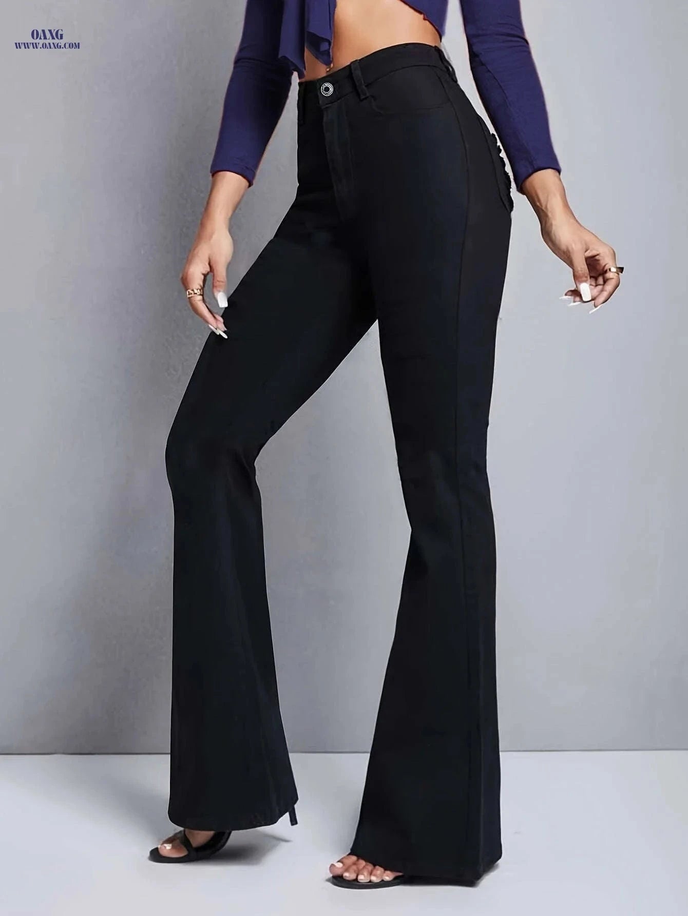 Women's High Waist Flared Jeans - Blue Slim Fit, All-Season Style   OAXG Black / XS