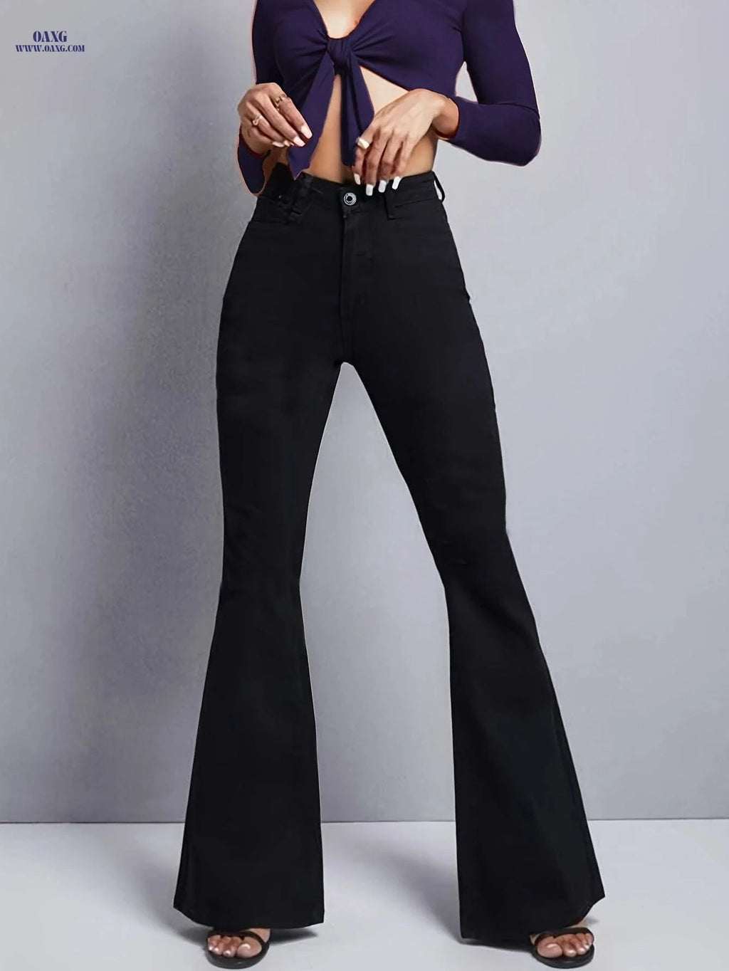 Women's High Waist Flared Jeans - Blue Slim Fit, All-Season Style   OAXG Black / XS