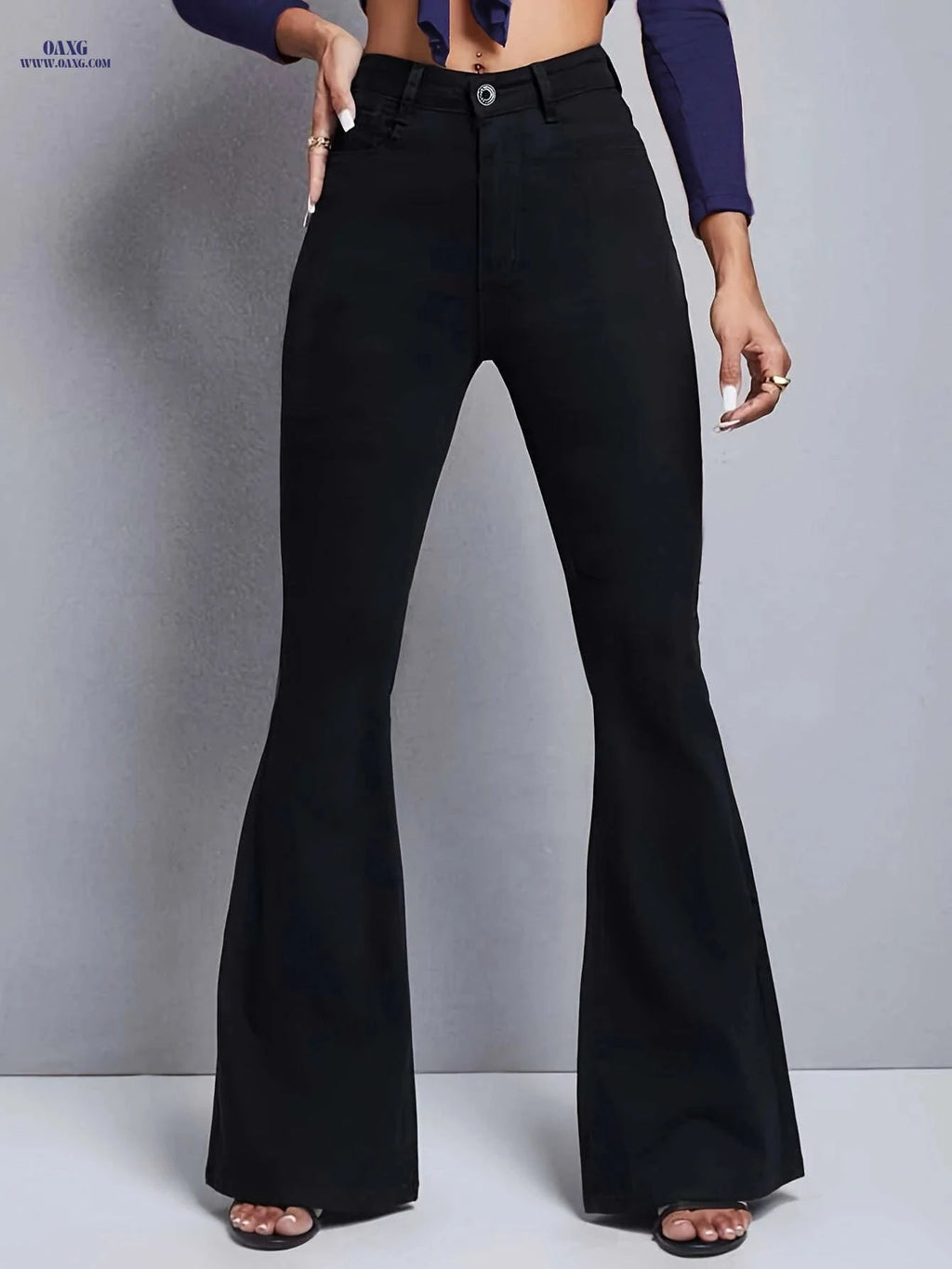 Women's High Waist Flared Jeans - Blue Slim Fit, All-Season Style   OAXG Black / XS