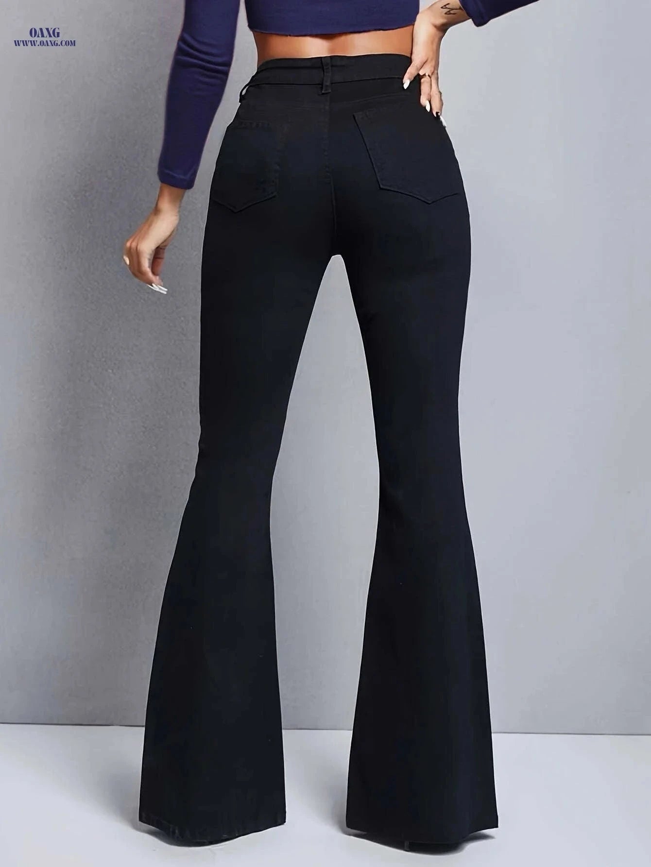 Women's High Waist Flared Jeans - Blue Slim Fit, All-Season Style   OAXG Black / XS