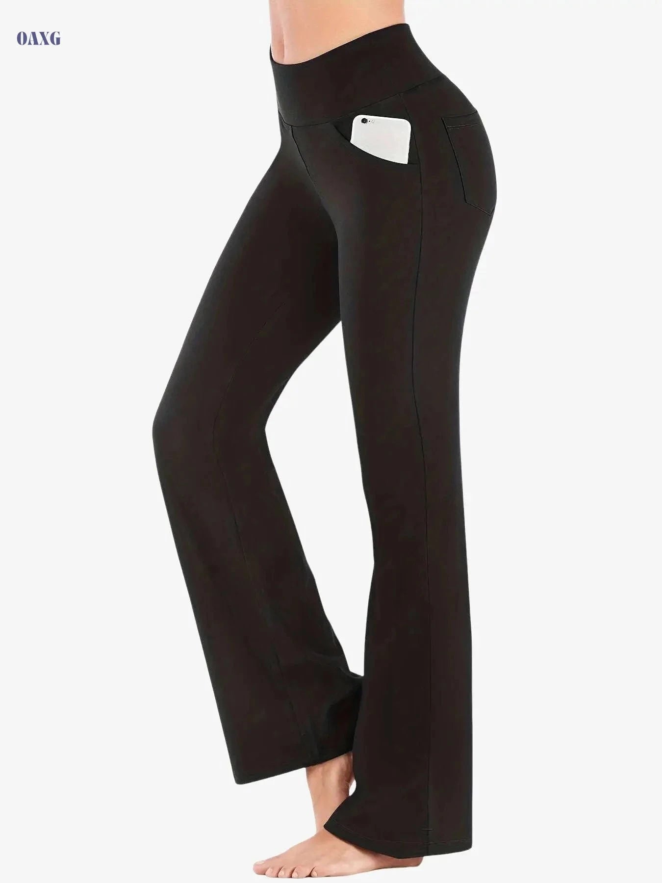 Women's High Waist Flared Sports Pants – Solid Color with Pocket   OAXG 