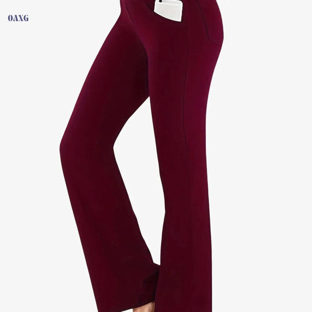 Women's High Waist Flared Sports Pants – Solid Color with Pocket   OAXG 