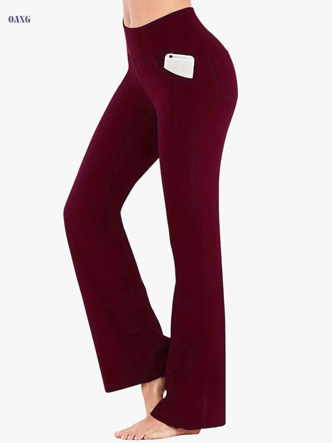 Women's High Waist Flared Sports Pants – Solid Color with Pocket   OAXG crimson / S
