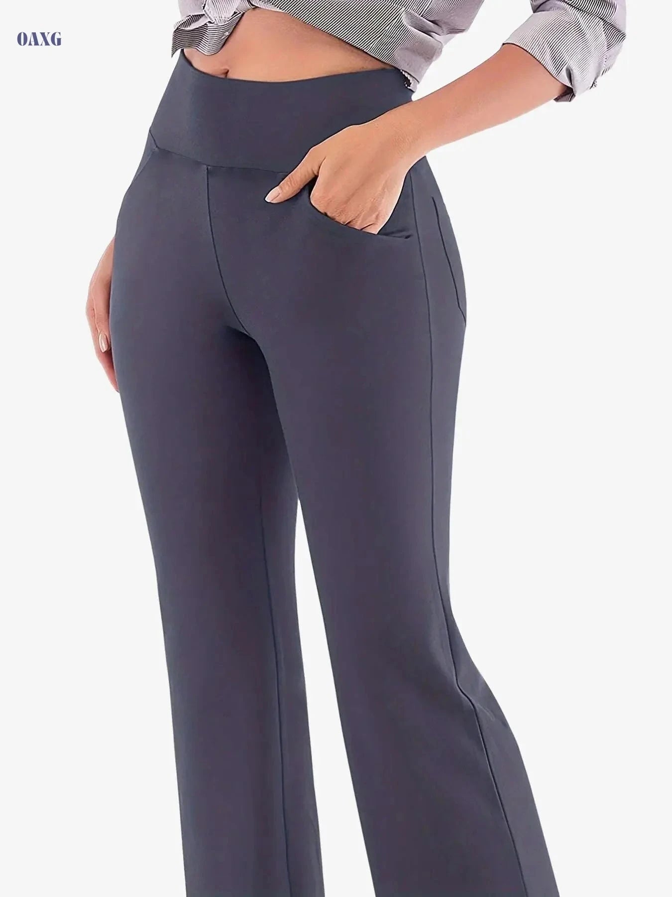 Women's High Waist Flared Sports Pants – Solid Color with Pocket   OAXG 