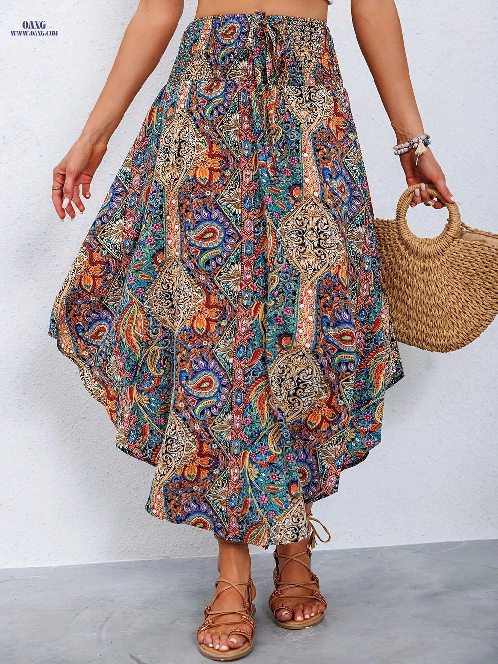 Women's High-Waist Floral A-Line Midi Skirt - Ruffled Hem Style   OAXG 