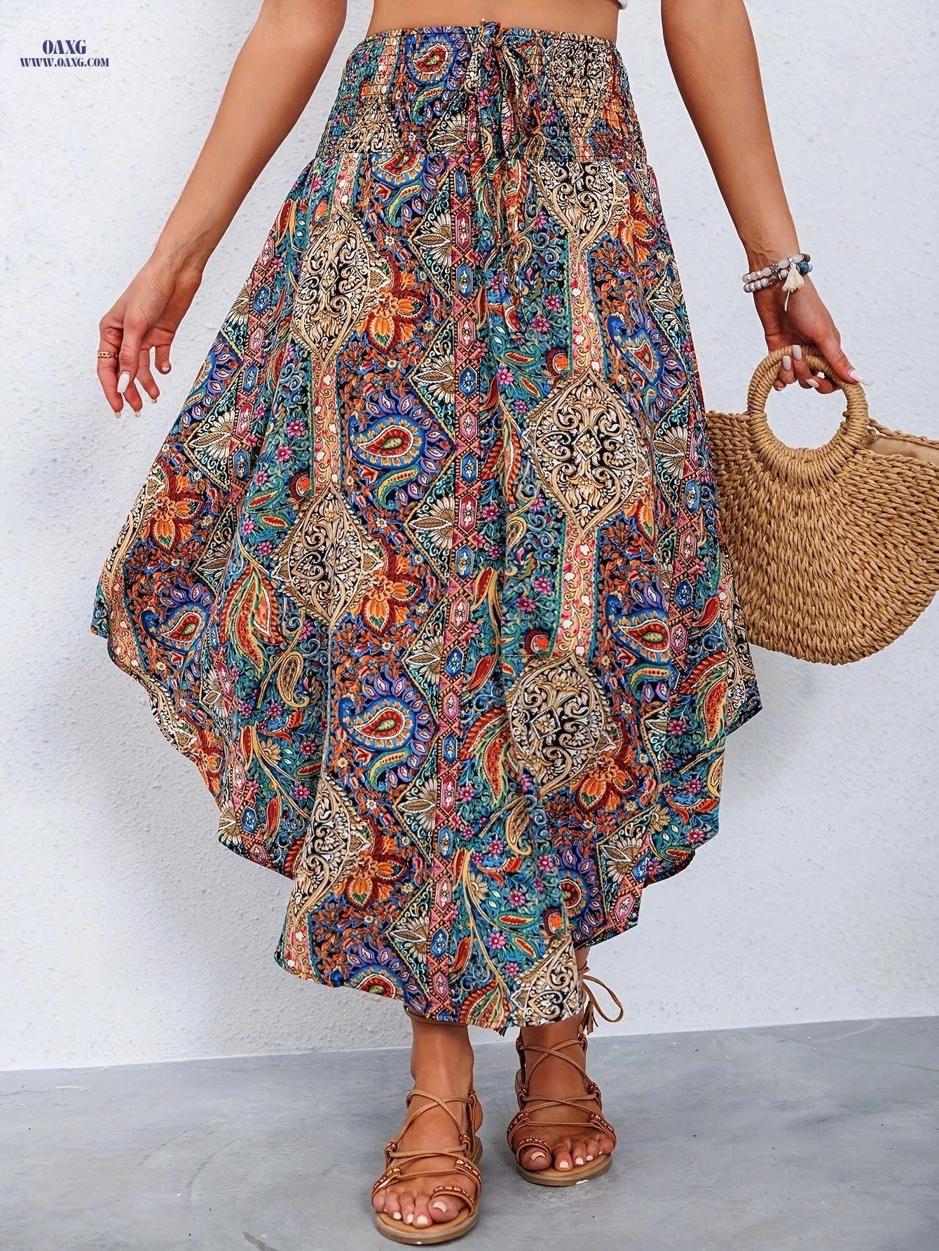 Women's High-Waist Floral A-Line Midi Skirt - Ruffled Hem Style   OAXG 