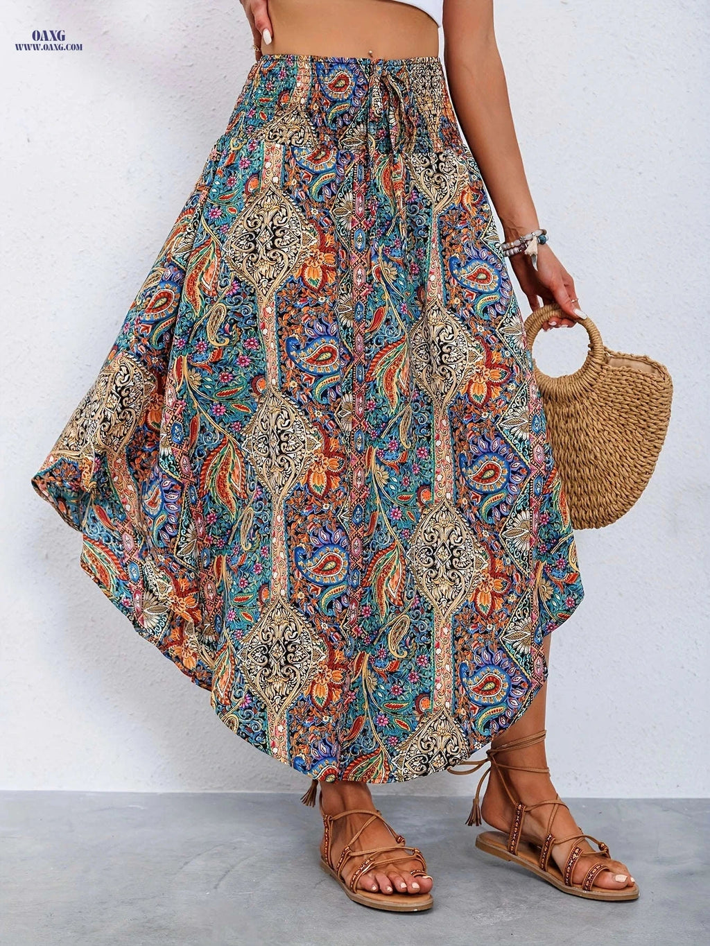 Women's High-Waist Floral A-Line Midi Skirt - Ruffled Hem Style   OAXG Red / S