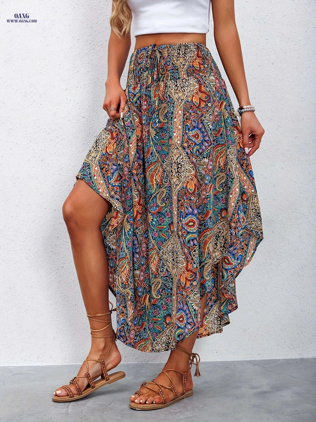 Women's High-Waist Floral A-Line Midi Skirt - Ruffled Hem Style   OAXG Red / S