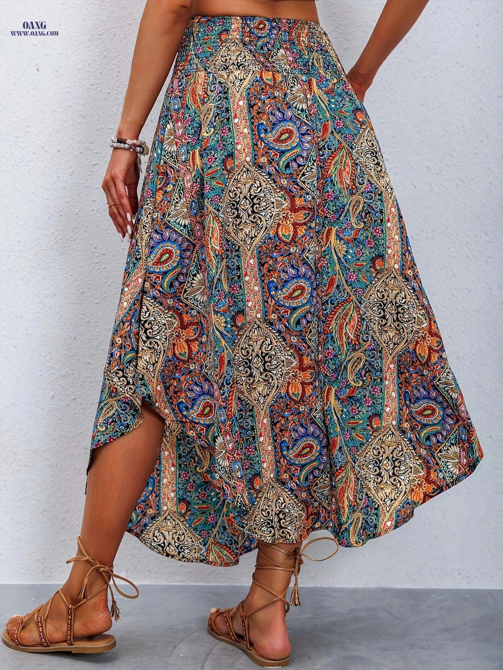 Women's High-Waist Floral A-Line Midi Skirt - Ruffled Hem Style   OAXG Red / S