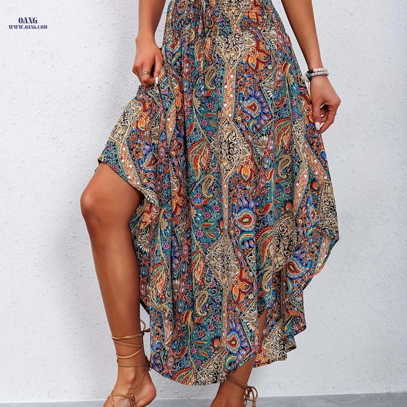 Women's High-Waist Floral A-Line Midi Skirt - Ruffled Hem Style   OAXG Red / S