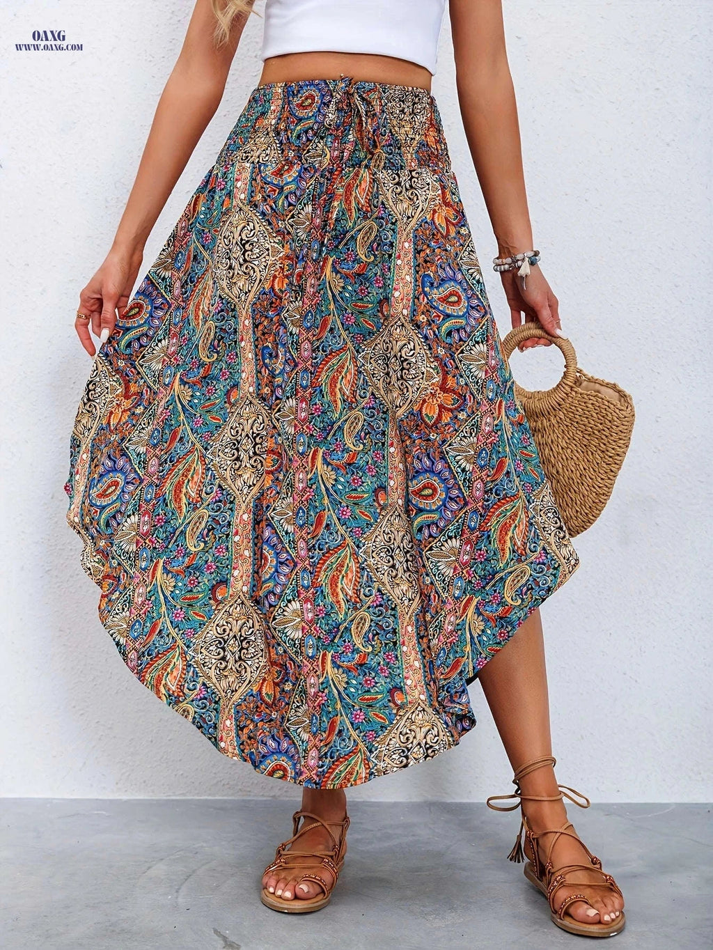 Women's High-Waist Floral A-Line Midi Skirt - Ruffled Hem Style   OAXG 