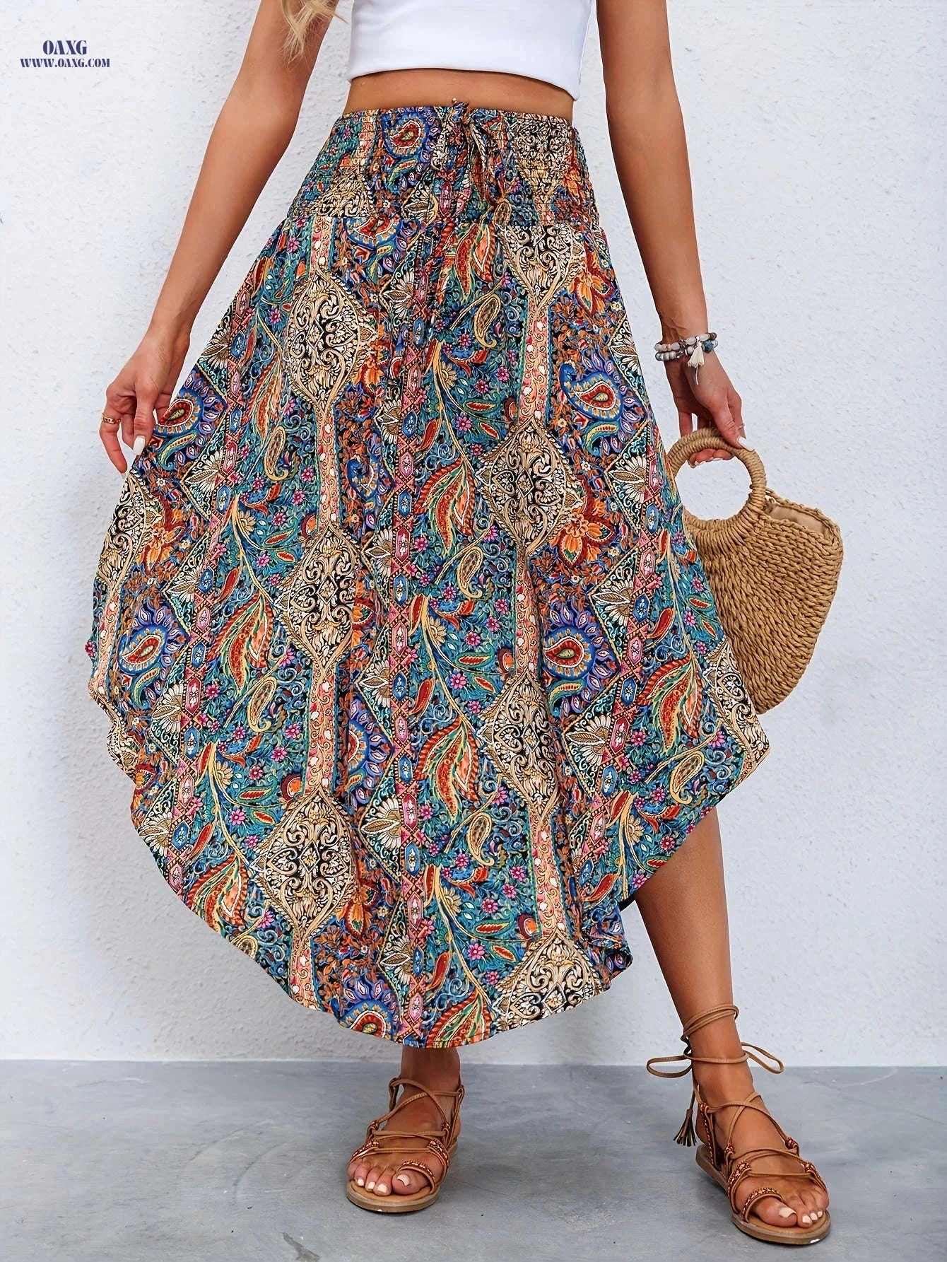 Women's High-Waist Floral A-Line Midi Skirt - Ruffled Hem Style   OAXG 