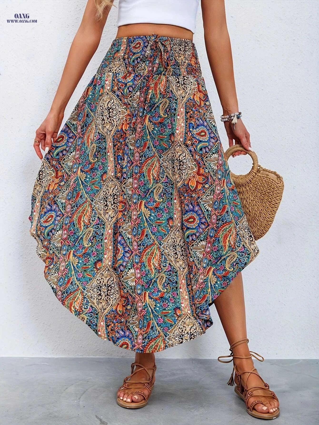 Women's High-Waist Floral A-Line Midi Skirt - Ruffled Hem Summer Style   OAXG 【Red】 / S