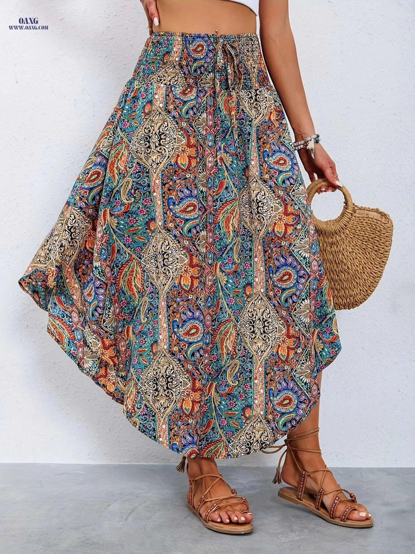 Women's High-Waist Floral A-Line Midi Skirt - Ruffled Hem Summer Style   OAXG 【Red】 / S