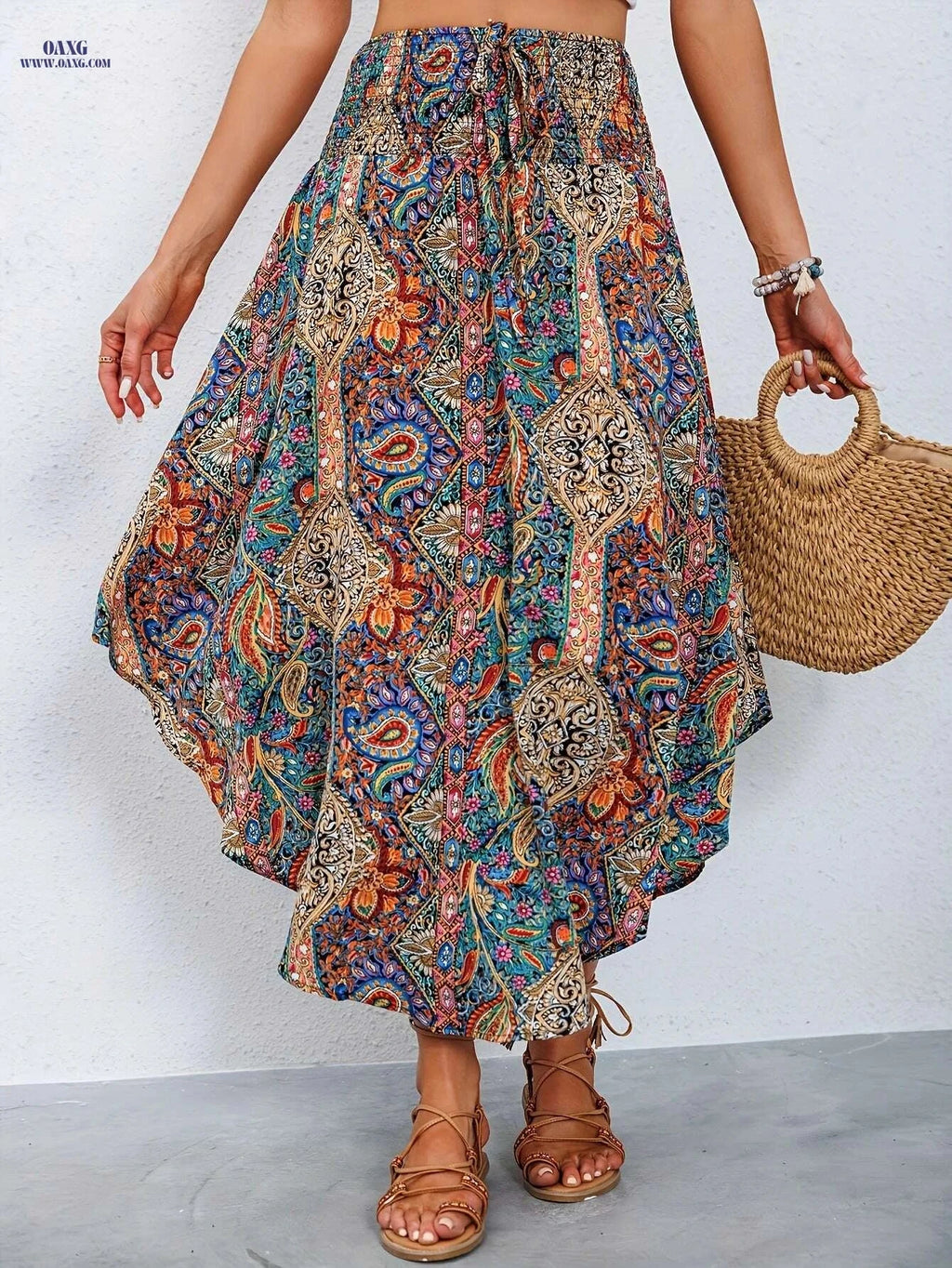 Women's High-Waist Floral A-Line Midi Skirt - Ruffled Hem Summer Style   OAXG 【Red】 / S