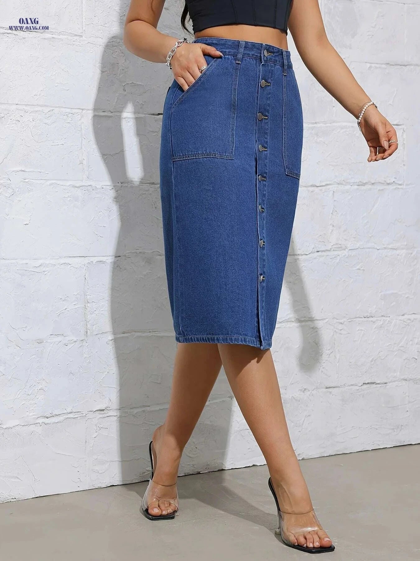 Women's High Waist Long Skirt - Casual Button Design for All Seasons   OAXG 