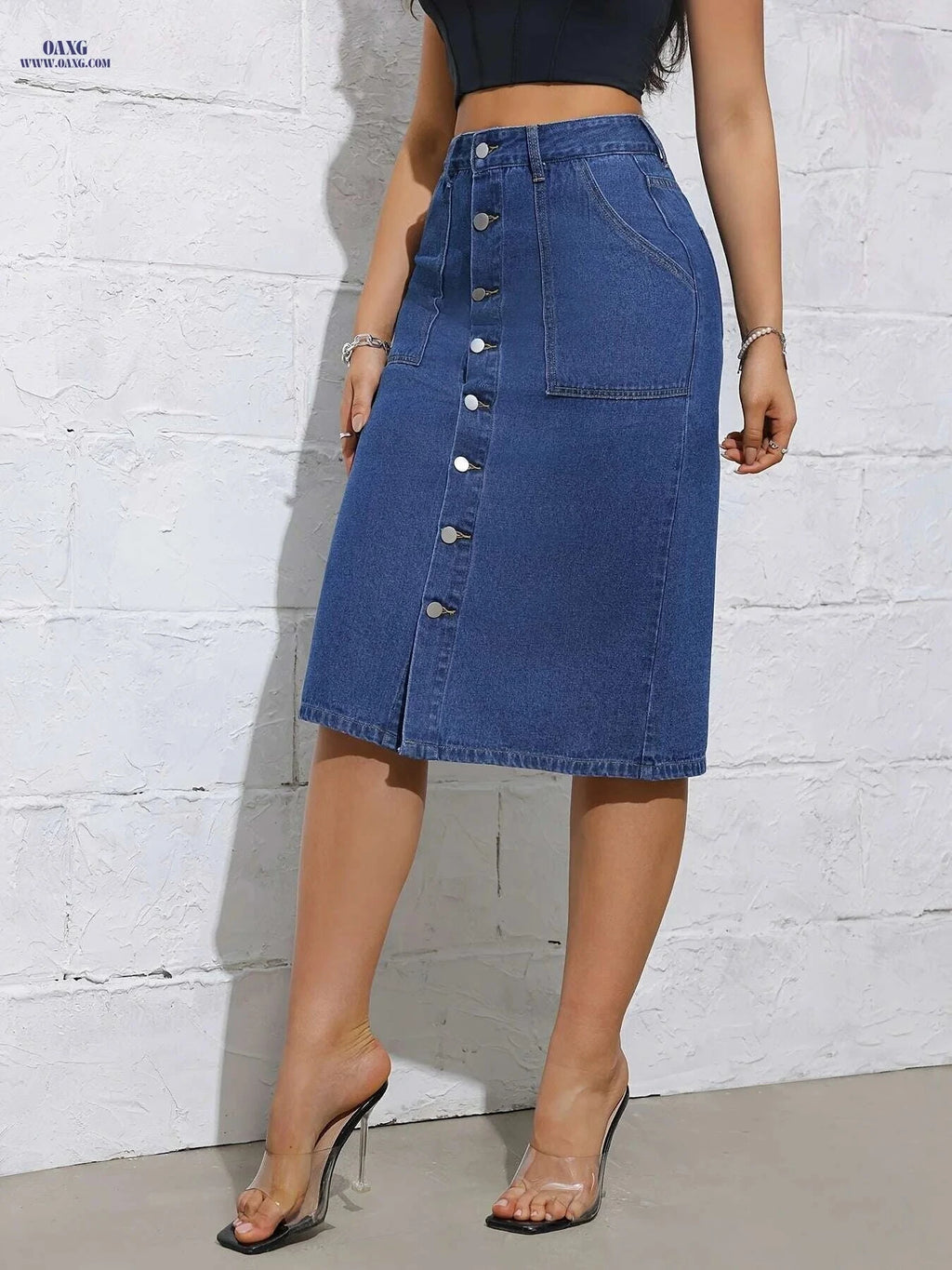 Women's High Waist Long Skirt - Casual Button Design for All Seasons   OAXG Deep Blue / S