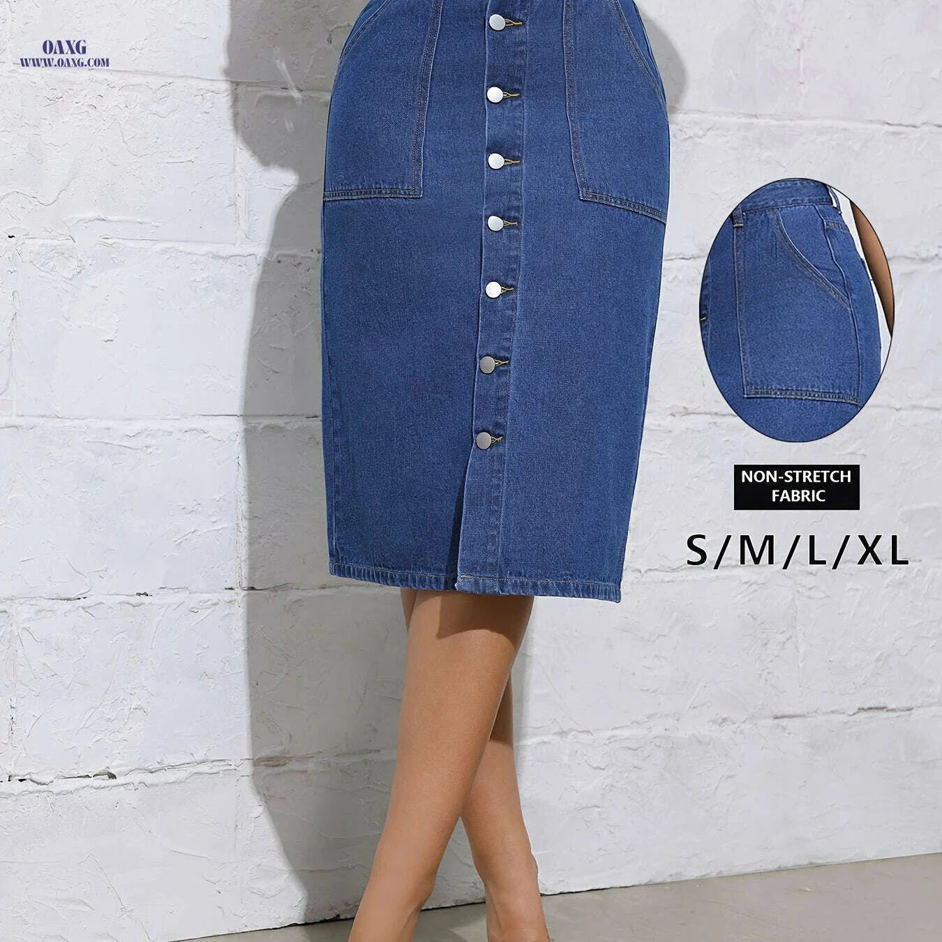 Women's High Waist Long Skirt - Casual Button Design for All Seasons   OAXG Deep Blue / S