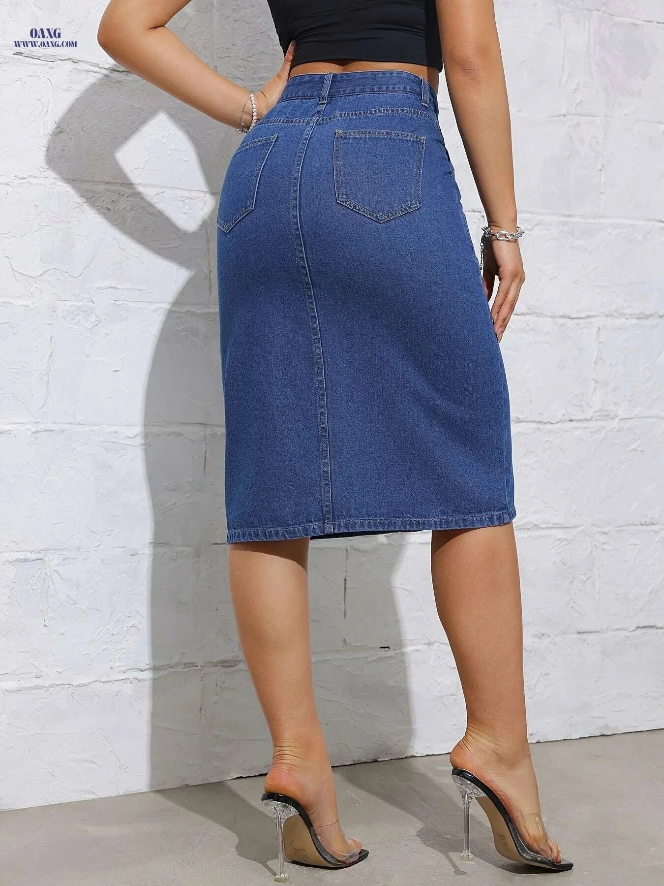 Women's High Waist Long Skirt - Casual Button Design for All Seasons   OAXG Deep Blue / S