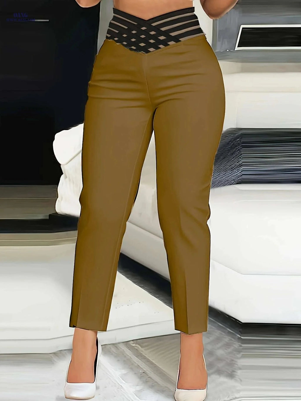 Women's High-Waist Pencil Trousers - Chic Crisscross Cut-Out Style   OAXG 